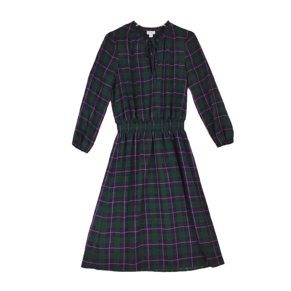 J CREW Dark Green Plaid Blouson Dress, Ruffle Tie Collar Puff Sleeve XS Academia - Picture 2 of 8